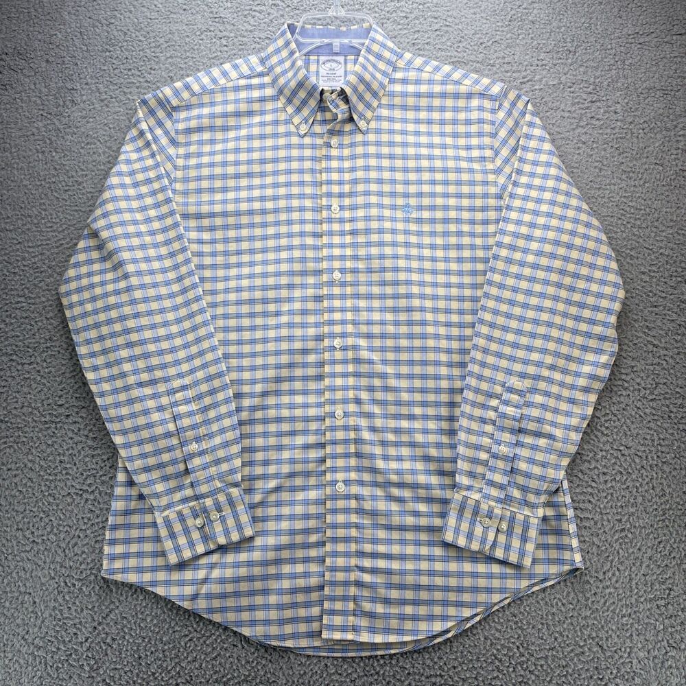 Brooks Brothers Shirt Mens Large Yellow Blue 1818 Regent Oxford Supima Cotton